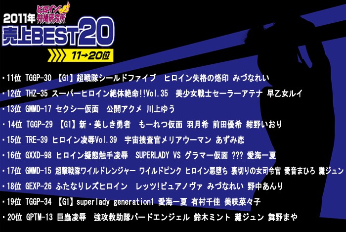 TDLN-142 Heroine Tokusatsu Institute Stores Top 20 Selling Films In 2011 – No.20-11 Rei Mizuna Rui Saotome Yu Kawakami Nozomi Haduki Yuki Maeda Iori Konno RenAzumi Ichika Aimi Mahiro Aine Jun Nada Anri Nonaka Chika Arimura Nanako Misaki Minto Suzuki Maya Maino