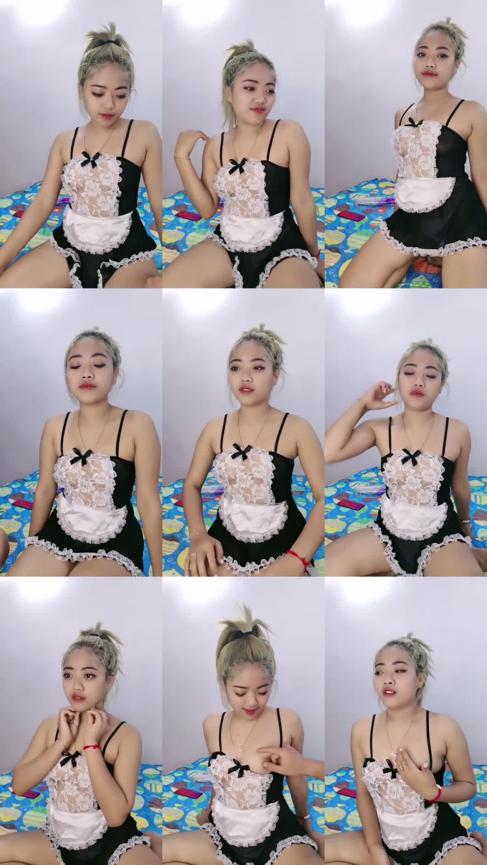 ZB20230129_007 女僕裝黃毛小妹露臉跟小哥啪啪聽指揮，全程露臉深喉大雞巴，讓小哥抱在懷裡揉奶摳逼，後入抽插無套爆草內射